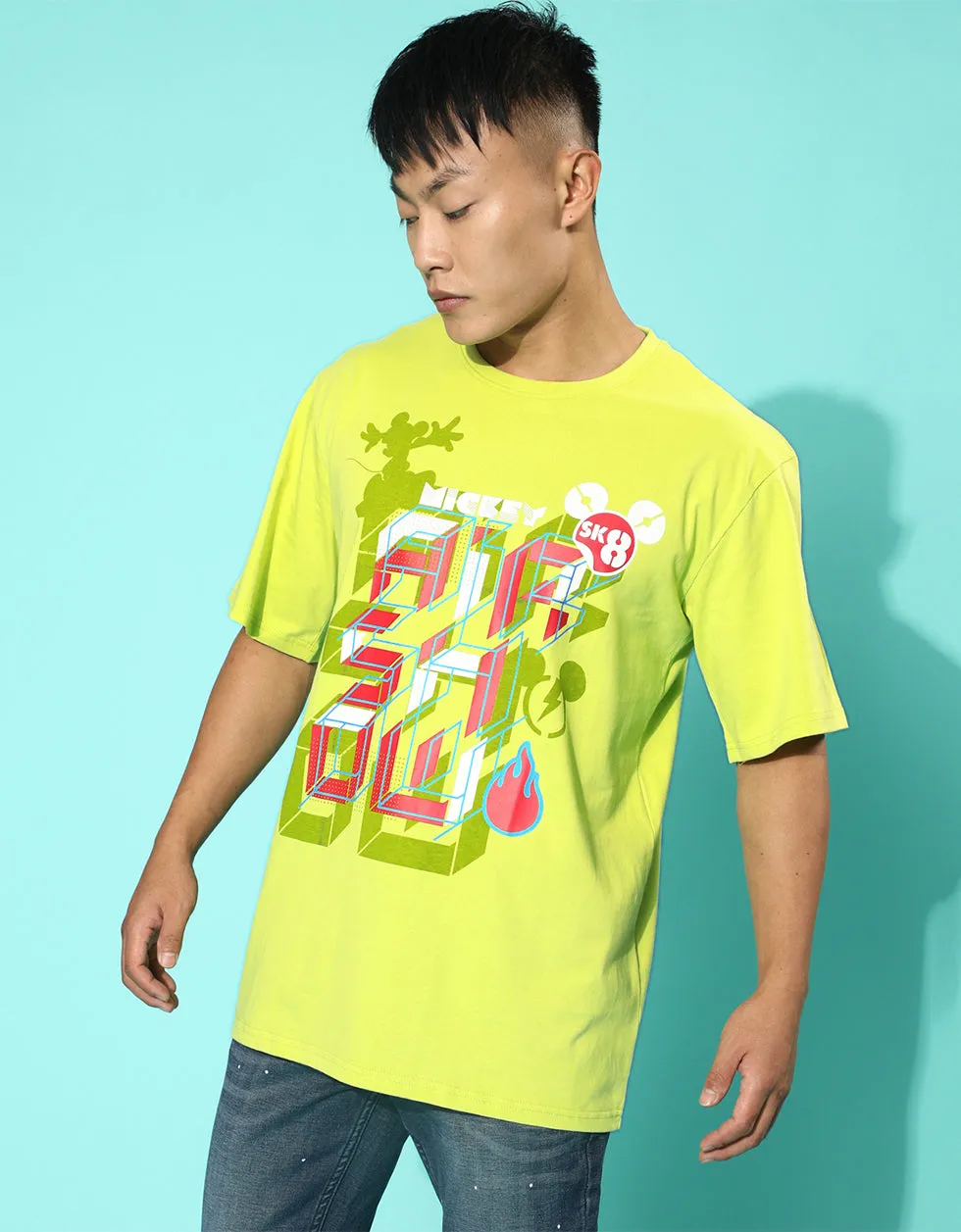 Mickey Green Oversized Front Graphic Printed Tshirt